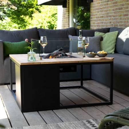 Cosiloft 100 vierkante vuurtafel zwart met teakhouten tafelblad