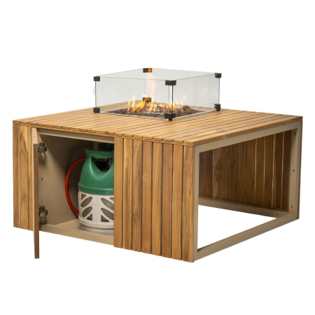 Enjoyfires vuurtafel Mida - zand met teakhout met glasombouw